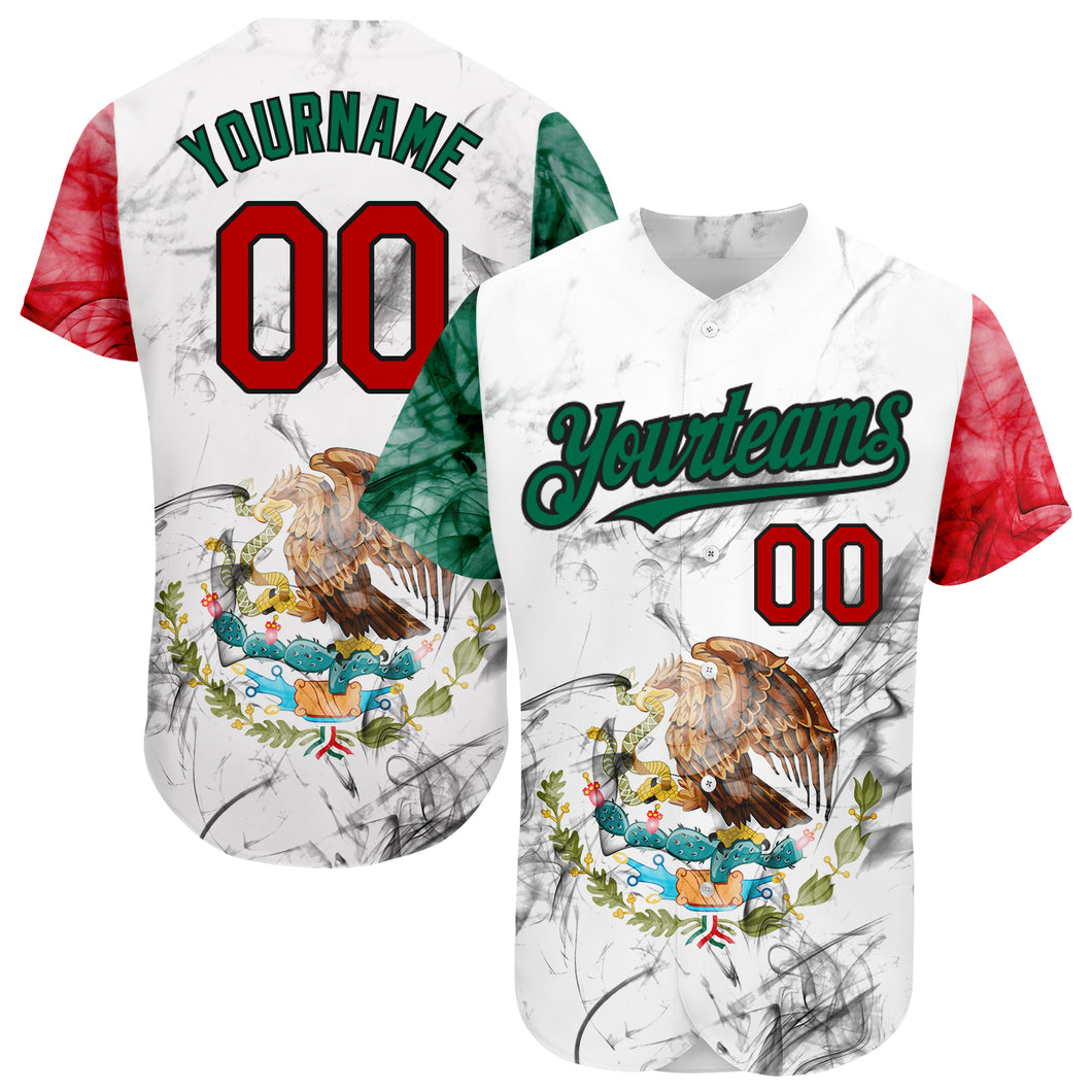 Custom White Red Kelly Green-Black 3D Mexican Flag Authentic Baseball Jersey