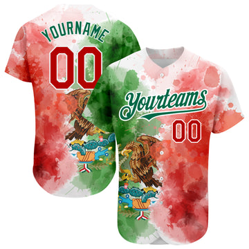 Custom Kelly Green Red-White 3D Mexican Flag Watercolored Splashes Grunge Design Authentic Baseball Jersey