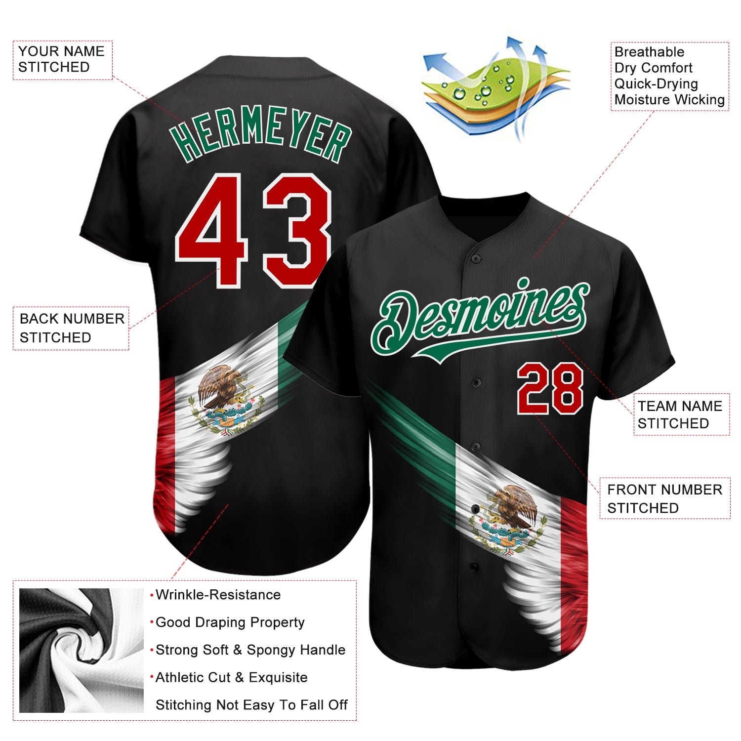 Cheap Custom Black Red-Kelly Green 3D The Abstract Wing With Mexican Flag  Authentic Baseball Jersey Free Shipping – CustomJerseysPro
