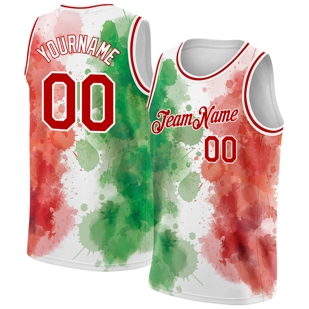 Custom Kelly Green Red-White 3D Mexico Watercolored Splashes Grunge Design Authentic Basketball Jersey