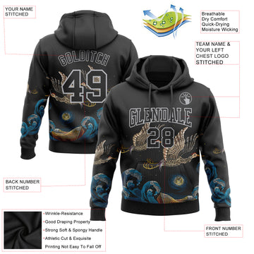 Custom Stitched Black Gray 3D Pattern Design Crane And Wave Sports Pullover Sweatshirt Hoodie