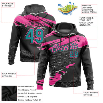 Custom Stitched Black Teal-Pink 3D Pattern Design Torn Paper Style Sports Pullover Sweatshirt Hoodie