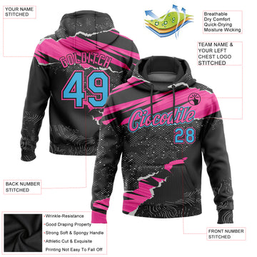 Custom Stitched Black Sky Blue-Pink 3D Pattern Design Torn Paper Style Sports Pullover Sweatshirt Hoodie