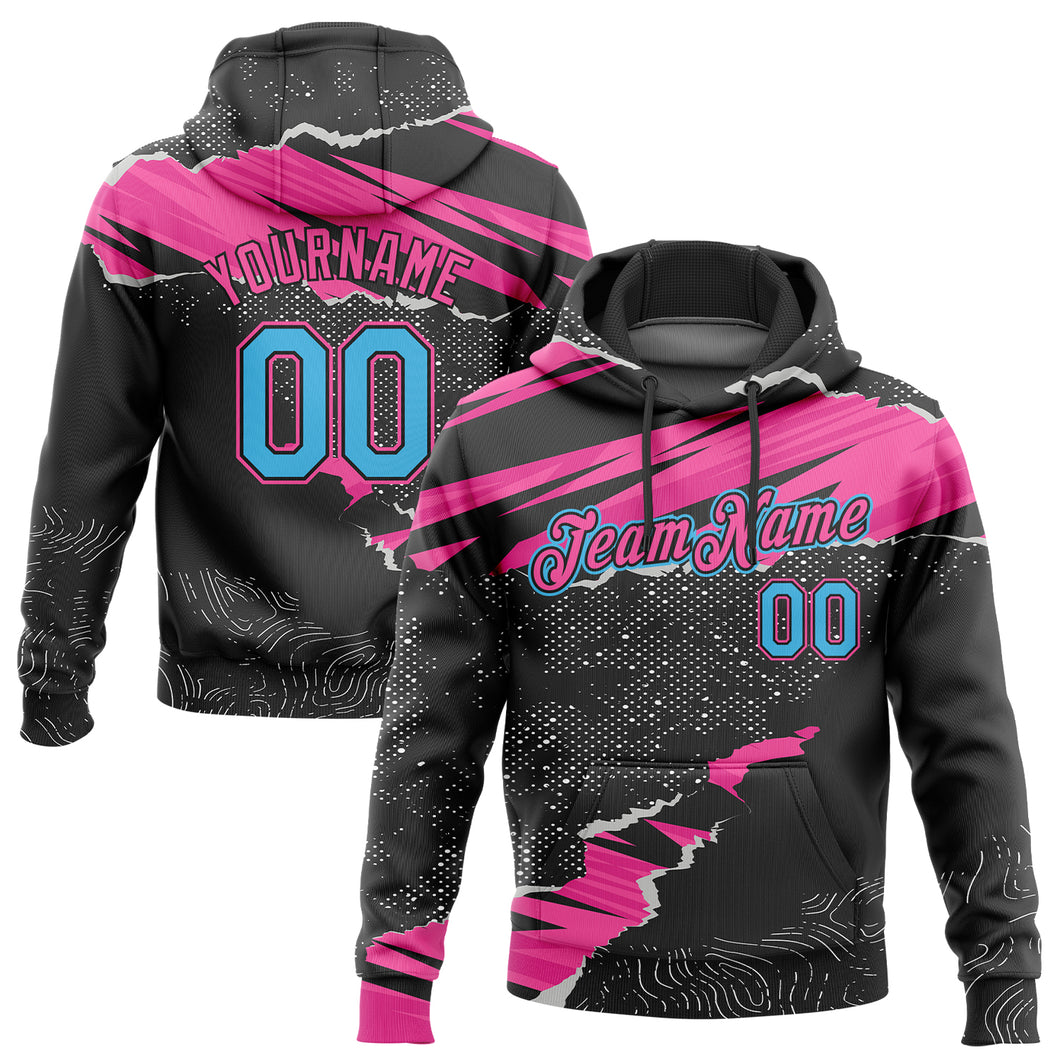 Custom Stitched Black Sky Blue-Pink 3D Pattern Design Torn Paper Style Sports Pullover Sweatshirt Hoodie