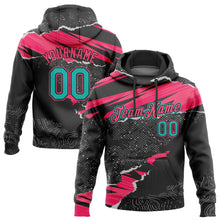 Load image into Gallery viewer, Custom Stitched Black Aqua-Neon Pink 3D Pattern Design Torn Paper Style Sports Pullover Sweatshirt Hoodie
