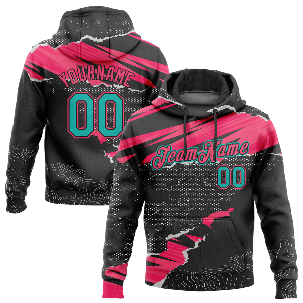 Custom Stitched Black Aqua-Neon Pink 3D Pattern Design Torn Paper Style Sports Pullover Sweatshirt Hoodie