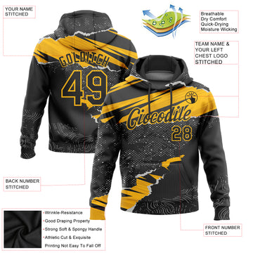 Custom Stitched Black Gold 3D Pattern Design Torn Paper Style Sports Pullover Sweatshirt Hoodie