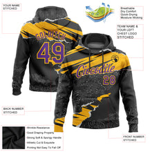 Laden Sie das Bild in den Galerie-Viewer, Custom Stitched Black Purple-Gold 3D Pattern Design Torn Paper Style Sports Pullover Sweatshirt Hoodie
