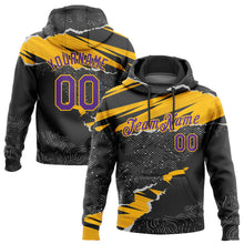 Load image into Gallery viewer, Custom Stitched Black Purple-Gold 3D Pattern Design Torn Paper Style Sports Pullover Sweatshirt Hoodie
