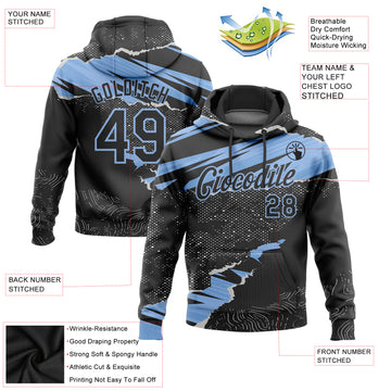 Custom Stitched Black Light Blue 3D Pattern Design Torn Paper Style Sports Pullover Sweatshirt Hoodie