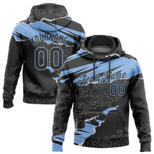 Load image into Gallery viewer, Custom Stitched Black Light Blue 3D Pattern Design Torn Paper Style Sports Pullover Sweatshirt Hoodie
