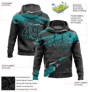 Custom Stitched Black Teal 3D Pattern Design Torn Paper Style Sports Pullover Sweatshirt Hoodie