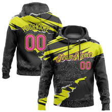 Load image into Gallery viewer, Custom Stitched Black Pink-Neon Yellow 3D Pattern Design Torn Paper Style Sports Pullover Sweatshirt Hoodie
