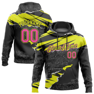 Custom Stitched Black Pink-Neon Yellow 3D Pattern Design Torn Paper Style Sports Pullover Sweatshirt Hoodie
