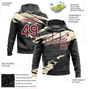 Custom Stitched Black Crimson-Cream 3D Pattern Design Torn Paper Style Sports Pullover Sweatshirt Hoodie