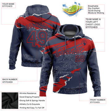 Custom Stitched Navy Red 3D Pattern Design Torn Paper Style Sports Pullover Sweatshirt Hoodie