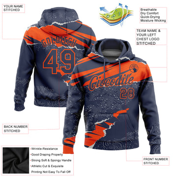 Custom Stitched Navy Orange 3D Pattern Design Torn Paper Style Sports Pullover Sweatshirt Hoodie