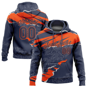 Custom Stitched Navy Orange 3D Pattern Design Torn Paper Style Sports Pullover Sweatshirt Hoodie