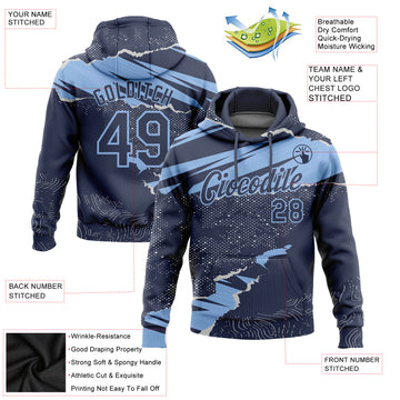 Custom Stitched Navy Light Blue 3D Pattern Design Torn Paper Style Sports Pullover Sweatshirt Hoodie