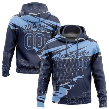 Custom Stitched Navy Light Blue 3D Pattern Design Torn Paper Style Sports Pullover Sweatshirt Hoodie