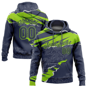 Custom Stitched Navy Neon Green 3D Pattern Design Torn Paper Style Sports Pullover Sweatshirt Hoodie