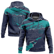 Load image into Gallery viewer, Custom Stitched Navy Teal 3D Pattern Design Torn Paper Style Sports Pullover Sweatshirt Hoodie
