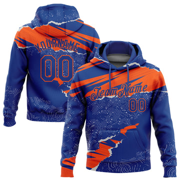 Custom Stitched Royal Orange 3D Pattern Design Torn Paper Style Sports Pullover Sweatshirt Hoodie