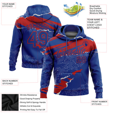 Custom Stitched Royal Red 3D Pattern Design Torn Paper Style Sports Pullover Sweatshirt Hoodie