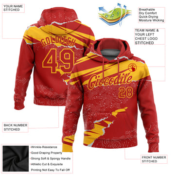 Custom Stitched Red Gold 3D Pattern Design Torn Paper Style Sports Pullover Sweatshirt Hoodie