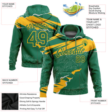 Custom Stitched Kelly Green Gold 3D Pattern Design Torn Paper Style Sports Pullover Sweatshirt Hoodie