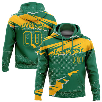 Custom Stitched Kelly Green Gold 3D Pattern Design Torn Paper Style Sports Pullover Sweatshirt Hoodie