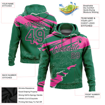 Custom Stitched Kelly Green Pink 3D Pattern Design Torn Paper Style Sports Pullover Sweatshirt Hoodie