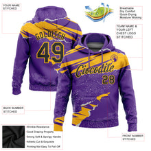 Laden Sie das Bild in den Galerie-Viewer, Custom Stitched Purple Black-Gold 3D Pattern Design Torn Paper Style Sports Pullover Sweatshirt Hoodie
