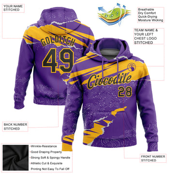 Custom Stitched Purple Black-Gold 3D Pattern Design Torn Paper Style Sports Pullover Sweatshirt Hoodie
