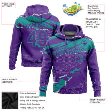 Custom Stitched Purple Teal 3D Pattern Design Torn Paper Style Sports Pullover Sweatshirt Hoodie