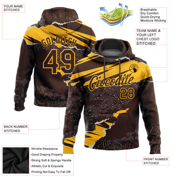 Custom Stitched Brown Gold 3D Pattern Design Torn Paper Style Sports Pullover Sweatshirt Hoodie