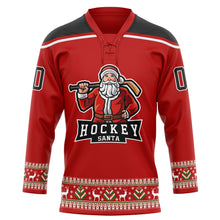 Laden Sie das Bild in den Galerie-Viewer, Custom Red Black-White Christmas Santa Claus 3D Hockey Lace Neck Jersey
