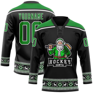 Custom Black Grass Green-White Christmas Santa Claus 3D Hockey Lace Neck Jersey