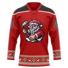 Laden Sie das Bild in den Galerie-Viewer, Custom Red Black-White Christmas Santa Claus 3D Hockey Lace Neck Jersey
