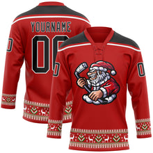 Laden Sie das Bild in den Galerie-Viewer, Custom Red Black-White Christmas Santa Claus 3D Hockey Lace Neck Jersey
