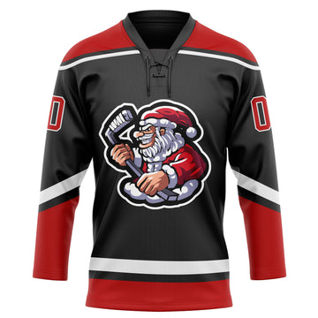 Custom Black Red-White Christmas Santa Claus 3D Hockey Lace Neck Jersey