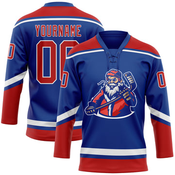 Custom Royal Red-White Christmas Santa Claus 3D Hockey Lace Neck Jersey