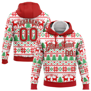 Custom Stitched White Red-Kelly Green Christmas 3D Sports Pullover Sweatshirt Hoodie