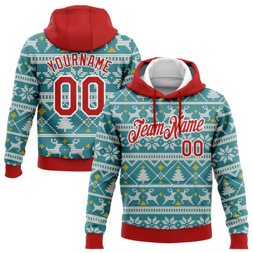 Custom Stitched Teal Red-White Christmas 3D Sports Pullover Sweatshirt Hoodie