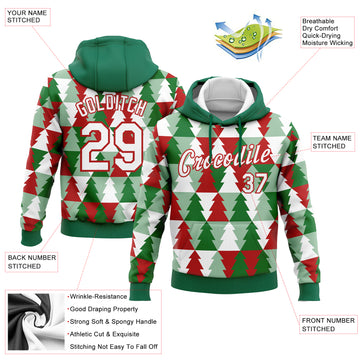 Custom Stitched Kelly Green White-Red Christmas Tree 3D Sports Pullover Sweatshirt Hoodie