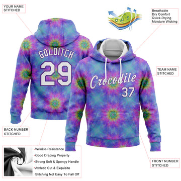 Custom Stitched Tie Dye White-Purple 3D Abstract Fractal Style Sports Pullover Sweatshirt Hoodie