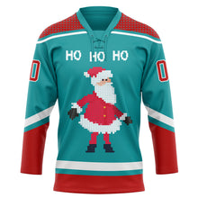 Laden Sie das Bild in den Galerie-Viewer, Custom Teal Red-White Christmas Santa Claus 3D Hockey Lace Neck Jersey
