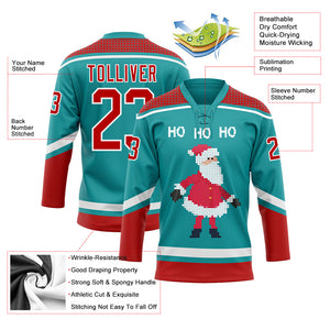 Custom Teal Red-White Christmas Santa Claus 3D Hockey Lace Neck Jersey