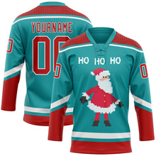 Load image into Gallery viewer, Custom Teal Red-White Christmas Santa Claus 3D Hockey Lace Neck Jersey
