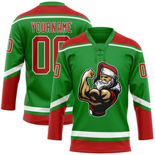 Load image into Gallery viewer, Custom Grass Green Red-White Christmas Santa Claus 3D Hockey Lace Neck Jersey
